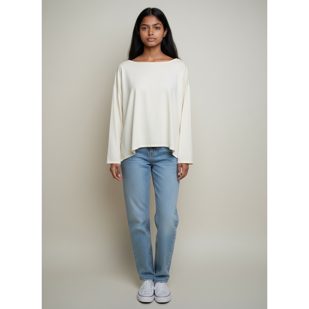 Soft Surroundings Top L Off-White Excellent Cotton Boatneck Boxy Oversized 25695